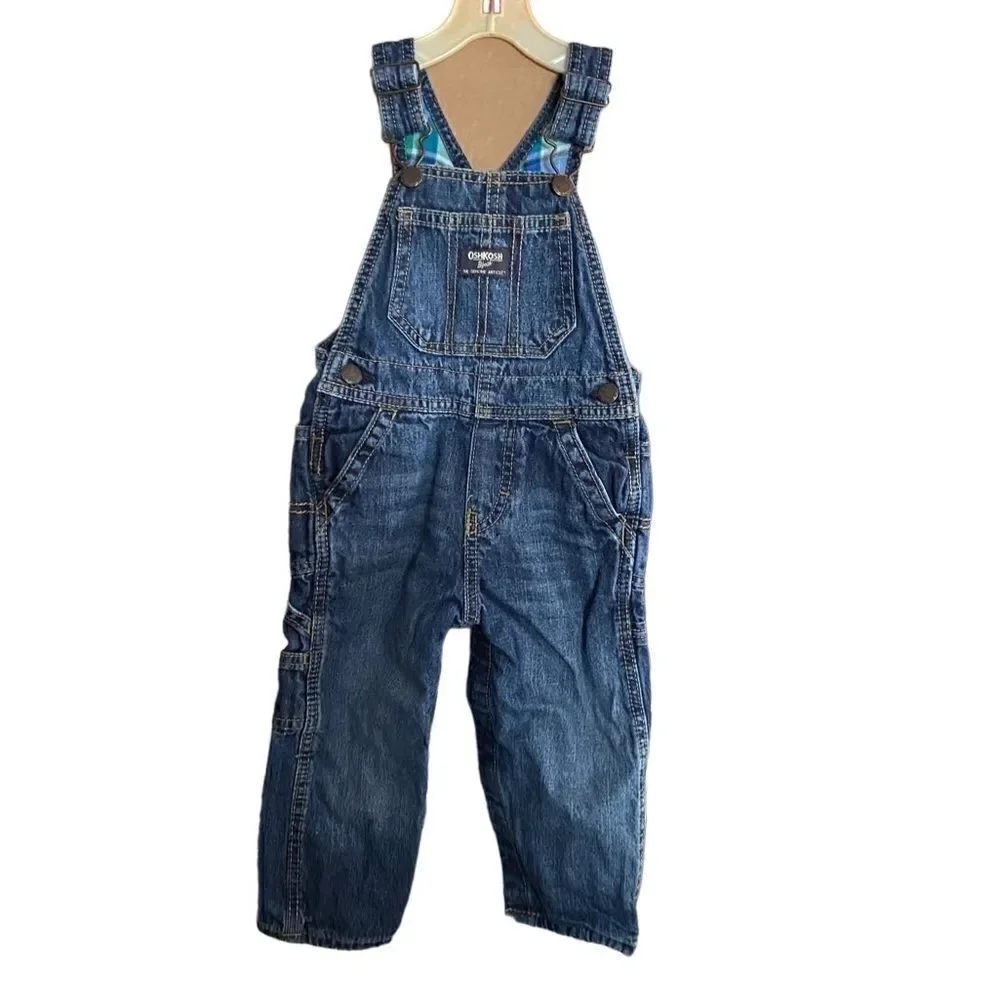 Oshkosh by gosh flannel lined jean overalls/bibs green blue and white size 18 mo